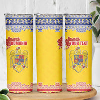 Personalized Vintage Romania Coat of Arms Skinny Tumbler Golden Eagle with Romanian Peony
