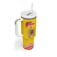 Personalized Vintage Romania Coat of Arms Tumbler With Handle Golden Eagle with Romanian Peony