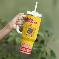 Personalized Vintage Romania Coat of Arms Tumbler With Handle Golden Eagle with Romanian Peony