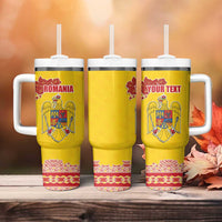 Personalized Vintage Romania Coat of Arms Tumbler With Handle Golden Eagle with Romanian Peony