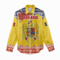 Personalized Vintage Romania Coat of Arms Women Casual Shirt Golden Eagle with Romanian Peony