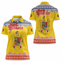 Personalized Vintage Romania Coat of Arms Women Polo Shirt Golden Eagle with Romanian Peony