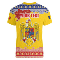 Personalized Vintage Romania Coat of Arms Women V-Neck T-Shirt Golden Eagle with Romanian Peony