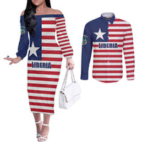 Liberia Flag Style Couples Matching Off The Shoulder Long Sleeve Dress and Long Sleeve Button Shirt The Love of Liberty Brought Us Here
