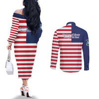 Liberia Flag Style Couples Matching Off The Shoulder Long Sleeve Dress and Long Sleeve Button Shirt The Love of Liberty Brought Us Here