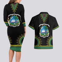 Liberia Coat of Arms Couples Matching Long Sleeve Bodycon Dress and Hawaiian Shirt African Dashiki Style