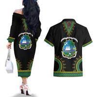 Liberia Coat of Arms Couples Matching Off The Shoulder Long Sleeve Dress and Hawaiian Shirt African Dashiki Style