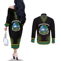 Liberia Coat of Arms Couples Matching Off The Shoulder Long Sleeve Dress and Long Sleeve Button Shirt African Dashiki Style