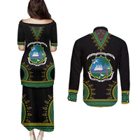 Liberia Coat of Arms Couples Matching Puletasi and Long Sleeve Button Shirt African Dashiki Style