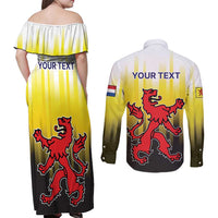 Netherlands Provincie Zuid-Holland Personalized Couples Matching Off Shoulder Maxi Dress and Long Sleeve Button Shirt Flag Style