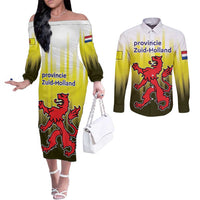 Netherlands Provincie Zuid-Holland Personalized Couples Matching Off The Shoulder Long Sleeve Dress and Long Sleeve Button Shirt Flag Style