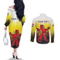 Netherlands Provincie Zuid-Holland Personalized Couples Matching Off The Shoulder Long Sleeve Dress and Long Sleeve Button Shirt Flag Style
