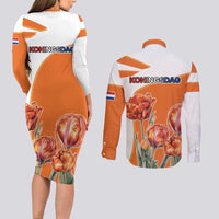 Netherlands Koningsdag Couples Matching Long Sleeve Bodycon Dress and Long Sleeve Button Shirt Happy King's Day