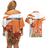 Netherlands Koningsdag Couples Matching Off Shoulder Short Dress and Hawaiian Shirt Happy King's Day