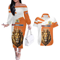 Netherlands Koningsdag Couples Matching Off The Shoulder Long Sleeve Dress and Hawaiian Shirt Happy King's Day