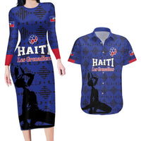 Custom Haiti Football Couples Matching Long Sleeve Bodycon Dress and Hawaiian Shirt Come on Les Grenadiers Blue Style