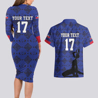Custom Haiti Football Couples Matching Long Sleeve Bodycon Dress and Hawaiian Shirt Come on Les Grenadiers Blue Style