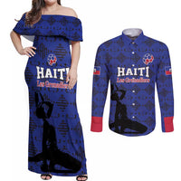 Custom Haiti Football Couples Matching Off Shoulder Maxi Dress and Long Sleeve Button Shirt Come on Les Grenadiers Blue Style