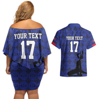Custom Haiti Football Couples Matching Off Shoulder Short Dress and Hawaiian Shirt Come on Les Grenadiers Blue Style