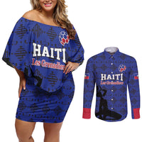 Custom Haiti Football Couples Matching Off Shoulder Short Dress and Long Sleeve Button Shirt Come on Les Grenadiers Blue Style