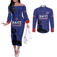 Custom Haiti Football Couples Matching Off The Shoulder Long Sleeve Dress and Long Sleeve Button Shirt Come on Les Grenadiers Blue Style