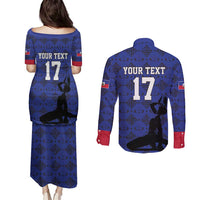 Custom Haiti Football Couples Matching Puletasi and Long Sleeve Button Shirt Come on Les Grenadiers Blue Style
