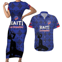 Custom Haiti Football Couples Matching Short Sleeve Bodycon Dress and Hawaiian Shirt Come on Les Grenadiers Blue Style