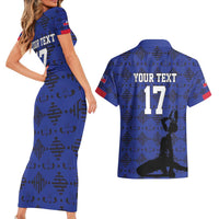 Custom Haiti Football Couples Matching Short Sleeve Bodycon Dress and Hawaiian Shirt Come on Les Grenadiers Blue Style