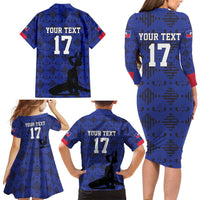 Custom Haiti Football Family Matching Long Sleeve Bodycon Dress and Hawaiian Shirt Come on Les Grenadiers Blue Style
