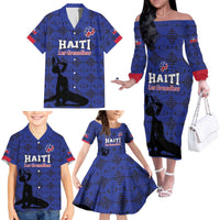 Custom Haiti Football Family Matching Off The Shoulder Long Sleeve Dress and Hawaiian Shirt Come on Les Grenadiers Blue Style