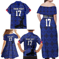 Custom Haiti Football Family Matching Off Shoulder Maxi Dress and Hawaiian Shirt Come on Les Grenadiers Blue Style