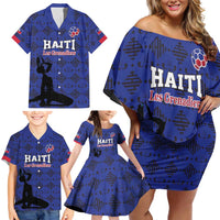 Custom Haiti Football Family Matching Off Shoulder Short Dress and Hawaiian Shirt Come on Les Grenadiers Blue Style