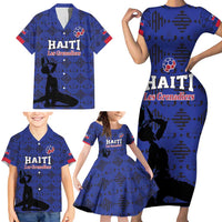 Custom Haiti Football Family Matching Short Sleeve Bodycon Dress and Hawaiian Shirt Come on Les Grenadiers Blue Style