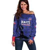 Custom Haiti Football Off Shoulder Sweater Come on Les Grenadiers Blue Style