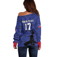 Custom Haiti Football Off Shoulder Sweater Come on Les Grenadiers Blue Style