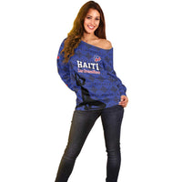 Custom Haiti Football Off Shoulder Sweater Come on Les Grenadiers Blue Style