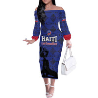 Custom Haiti Football Off The Shoulder Long Sleeve Dress Come on Les Grenadiers Blue Style