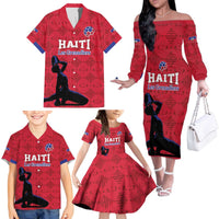 Custom Haiti Football Family Matching Off The Shoulder Long Sleeve Dress and Hawaiian Shirt Come on Les Grenadiers Red Style