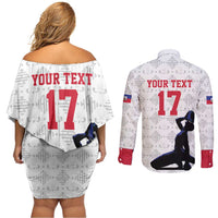 Custom Haiti Football Couples Matching Off Shoulder Short Dress and Long Sleeve Button Shirt Come on Les Grenadiers White Style