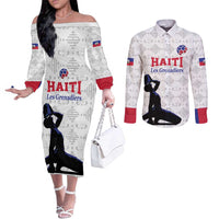 Custom Haiti Football Couples Matching Off The Shoulder Long Sleeve Dress and Long Sleeve Button Shirt Come on Les Grenadiers White Style
