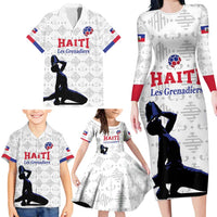 Custom Haiti Football Family Matching Long Sleeve Bodycon Dress and Hawaiian Shirt Come on Les Grenadiers White Style