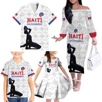 Custom Haiti Football Family Matching Off The Shoulder Long Sleeve Dress and Hawaiian Shirt Come on Les Grenadiers White Style