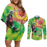 Custom Lithuania Basketball Couples Matching Off Shoulder Short Dress and Long Sleeve Button Shirt Retro Style Version 1992