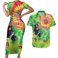 Custom Lithuania Basketball Couples Matching Short Sleeve Bodycon Dress and Hawaiian Shirt Retro Style Version 1992