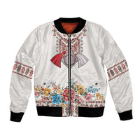 Romania Happy Martisor Day 1 March Bomber Jacket Martenitsa and Peony Romanian Traditional Pattern