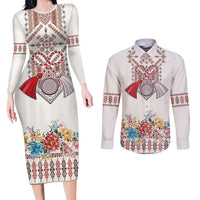 Romania Happy Martisor Day 1 March Couples Matching Long Sleeve Bodycon Dress and Long Sleeve Button Shirt Martenitsa and Peony Romanian Traditional Pattern