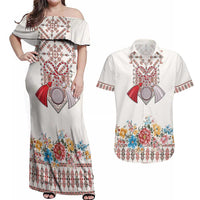 Romania Happy Martisor Day 1 March Couples Matching Off Shoulder Maxi Dress and Hawaiian Shirt Martenitsa and Peony Romanian Traditional Pattern