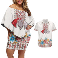 Romania Happy Martisor Day 1 March Couples Matching Off Shoulder Short Dress and Hawaiian Shirt Martenitsa and Peony Romanian Traditional Pattern
