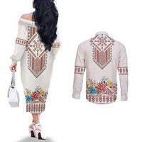 Romania Happy Martisor Day 1 March Couples Matching Off The Shoulder Long Sleeve Dress and Long Sleeve Button Shirt Martenitsa and Peony Romanian Traditional Pattern