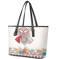 Romania Happy Martisor Day 1 March Leather Tote Bag Martenitsa and Peony Romanian Traditional Pattern